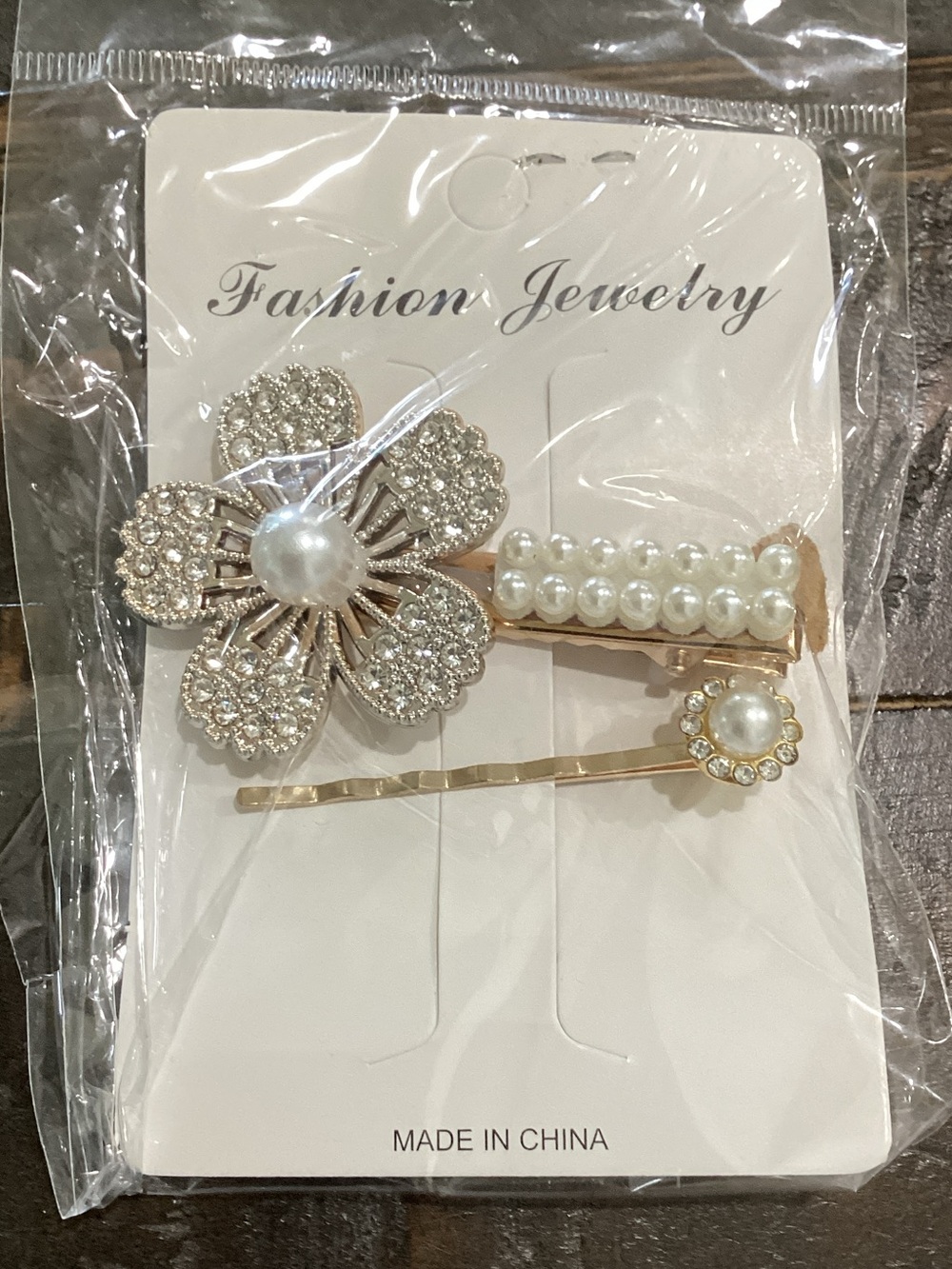 Fashion Jewelry Gold Pearl & Crystal Floral Hair Clip Trio